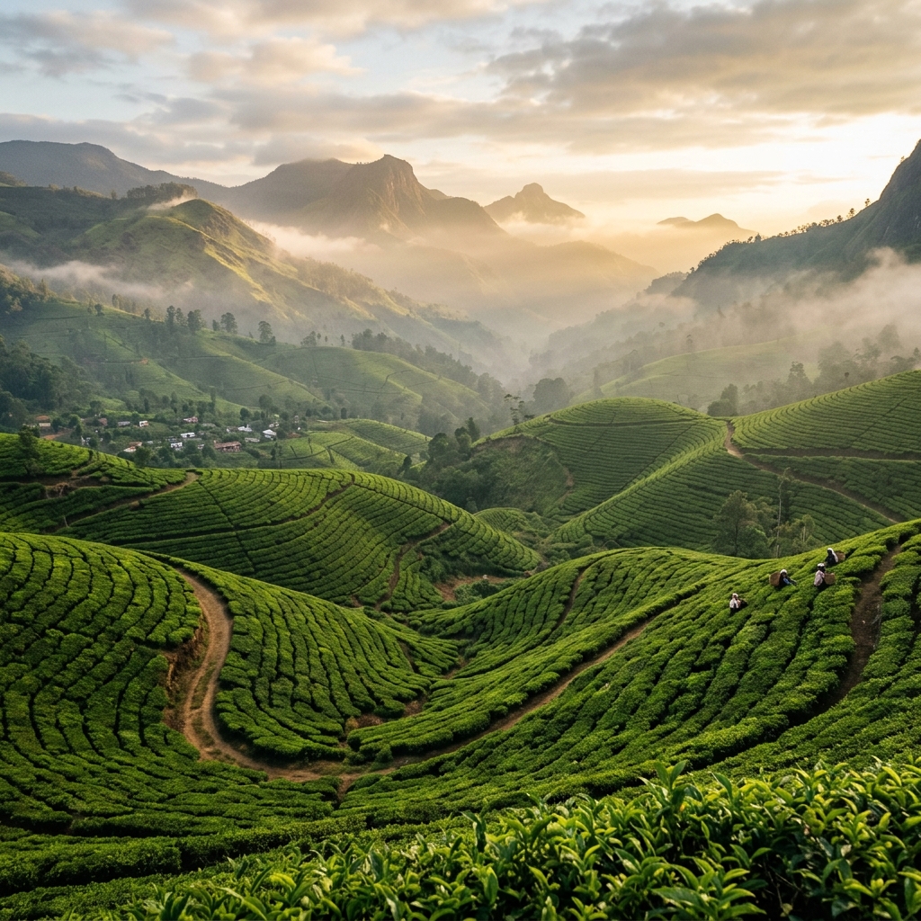 Vallée de thé verdoyante à Ella avec montagnes brumeuses en arrière-plan, écotourisme au Sri Lanka