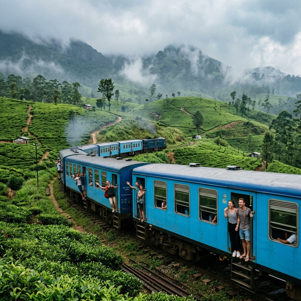 Train bleu serpentant à travers les montagnes du Sri Lanka