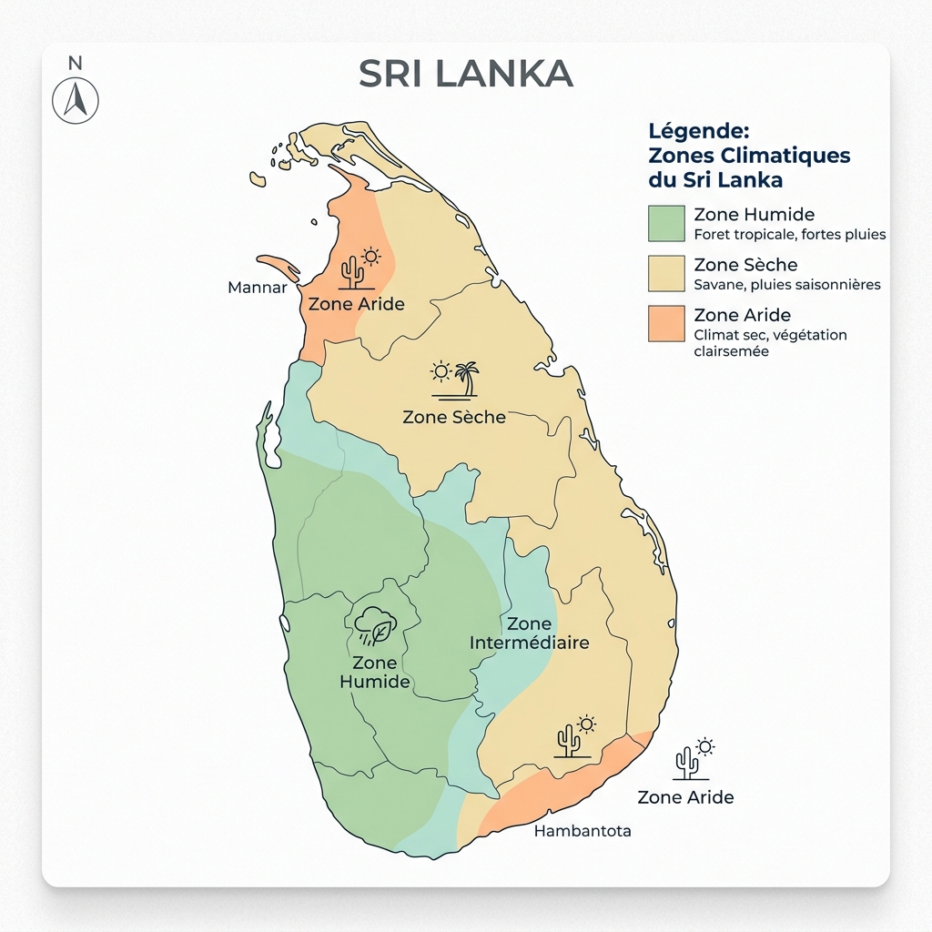 Carte climatique du Sri Lanka montrant les zones de mousson et de climat