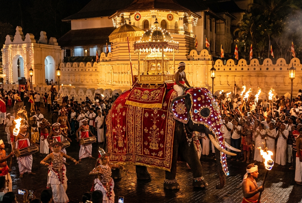 The illuminated Temple of the Sacred Tooth Relic during Kandy Perahera