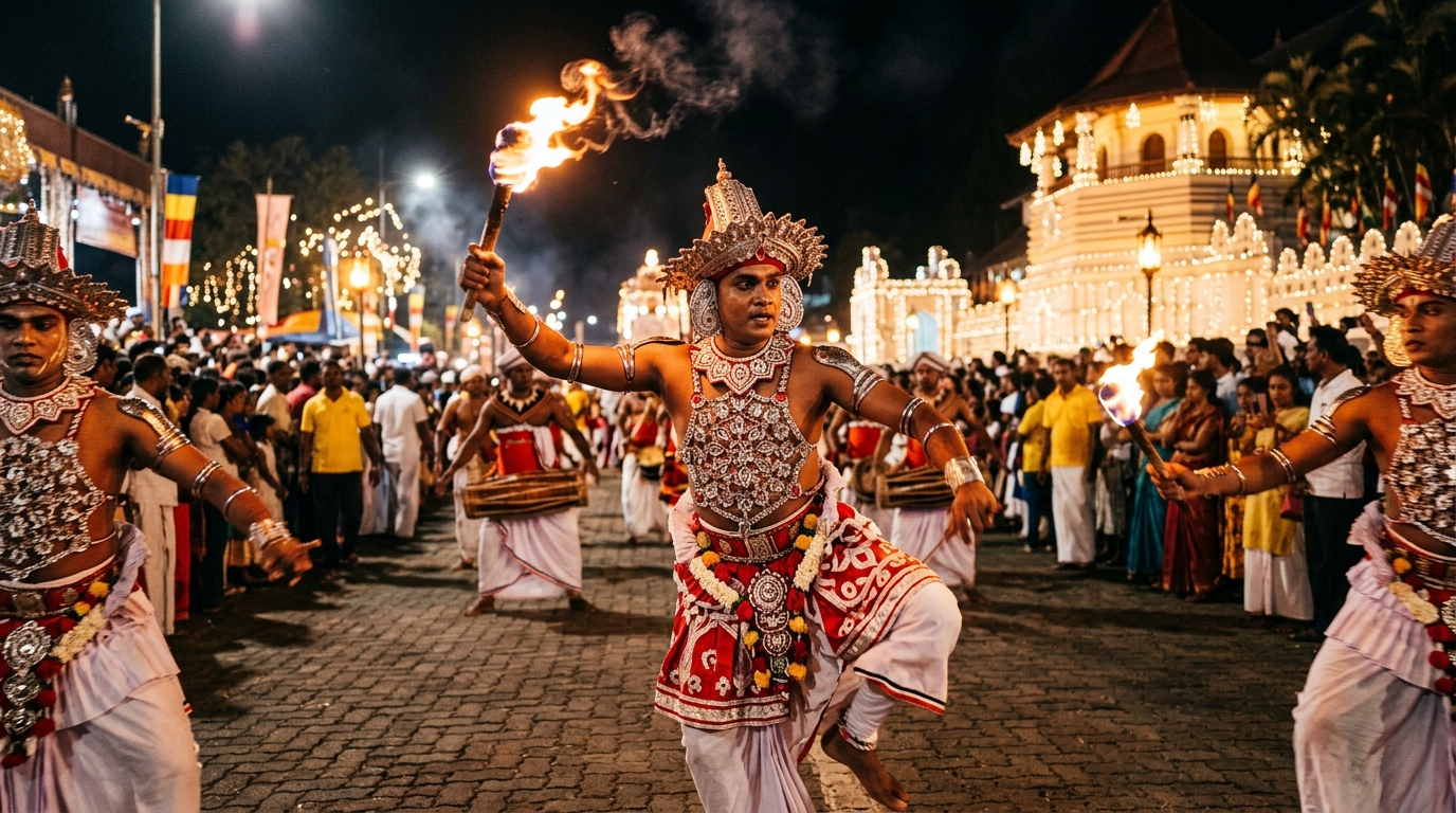 Kandyan fire dancers performing at the Kandy Perahera festival
