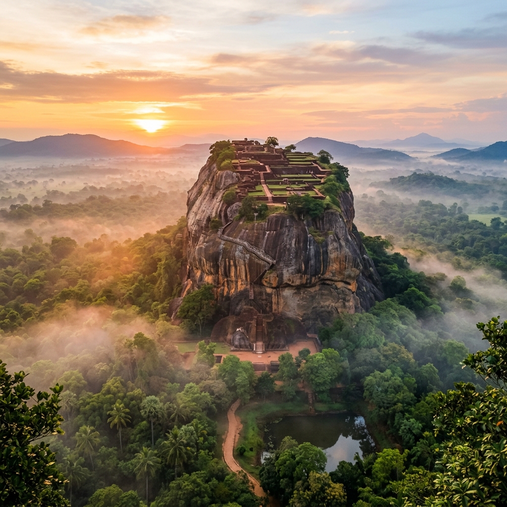 Lever de soleil sur Sigiriya au Sri Lanka pendant la saison sèche